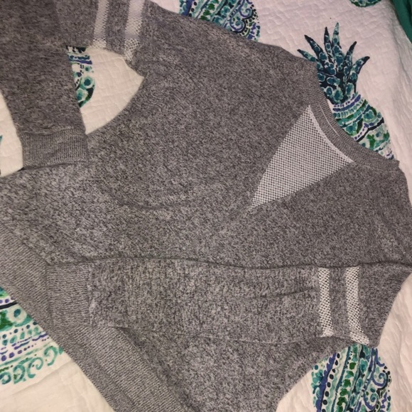 Grey V Neck Mesh Panel Sweater - Picture 2 of 4